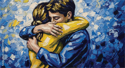 An emotional painting of two people embracing with visible brushstrokes, featuring a vibrant blue and yellow color palette.