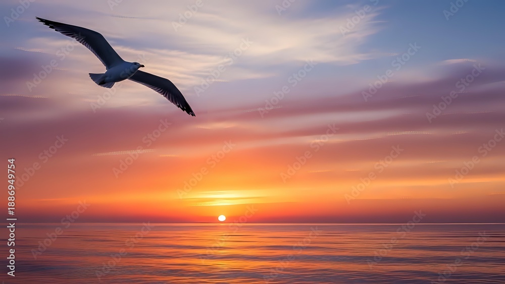 Naklejka premium Seagull soaring over ocean at sunset with dramatic colorful sky and calm waters creating peaceful seascape scene for travel and nature concepts.