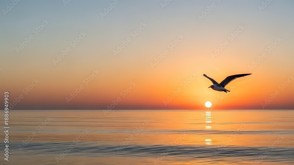 Fototapeta premium Seagull flying over calm ocean waters during golden sunset with warm orange and pink sky colors reflecting on water surface creating peaceful seascape scene.