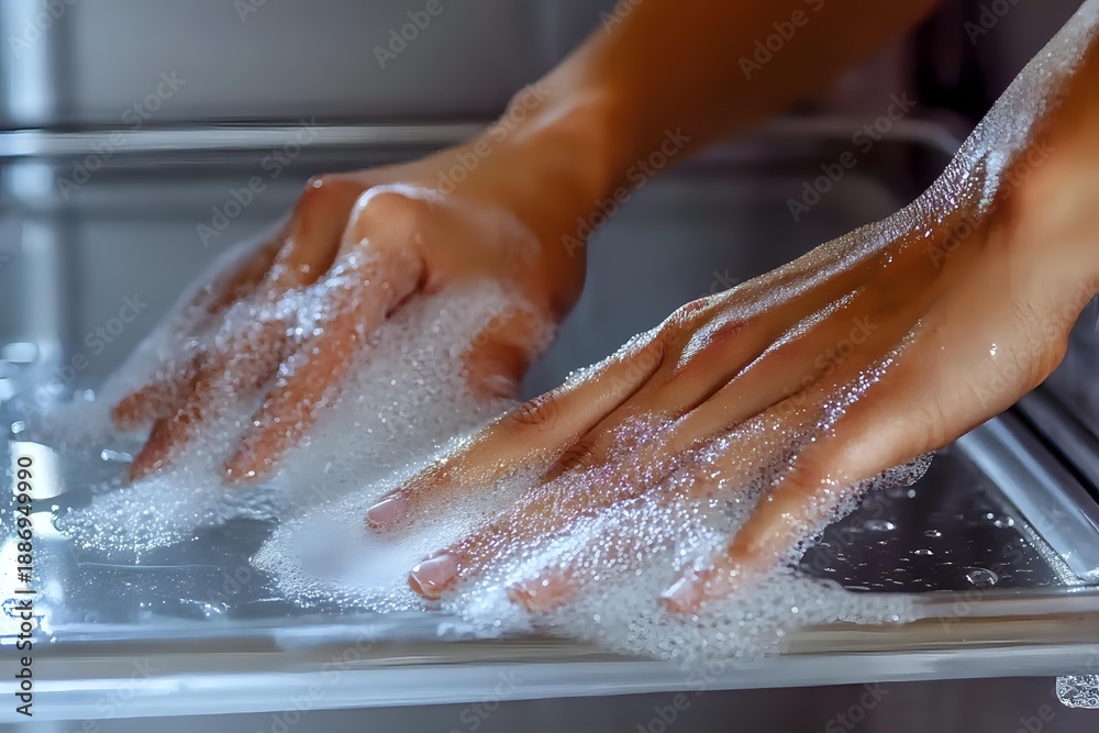Fototapeta premium Hands washing with soap and water in kitchen sink, proper hygiene and cleanliness routine for health and safety at home.