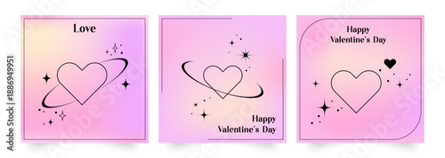 Minimalist Valentines Day templates with heart and cosmic elements on pastel gradient backgrounds, for greeting cards, Instagram posts, love stories, social media, printable valentine designs.Vector