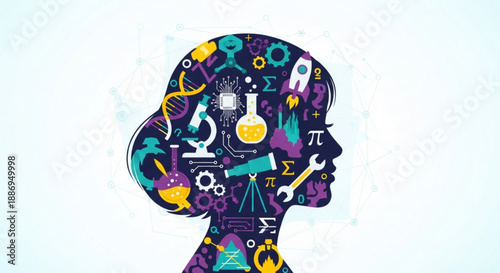 Creative mind with science and technology symbols inside head silhouette representing innovation and knowledge