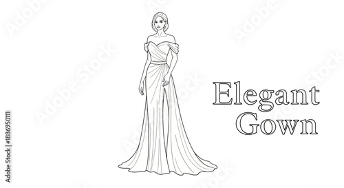 Elegant gown for formal events or weddings featuring off shoulder draped sleeves and high slit skirt feminine evening wear fashion sketch model illustration for bridal catalog or luxury boutique