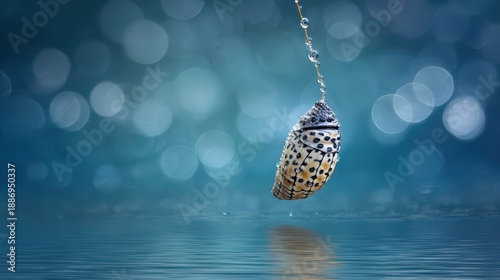 A beautiful insect pupa hanging suspended in the air.