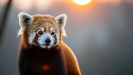 Adorable red panda with fluffy fur and expressive eyes during golden hour sunset, wildlife photography for nature and animal lovers content.