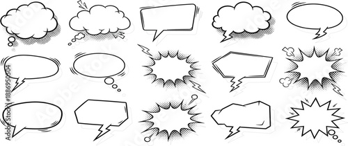Hand Drawn Comic Speech and Thought Bubble Set with Explosion Bursts and Sketch Style Dialogue Frames for Pop Art Design