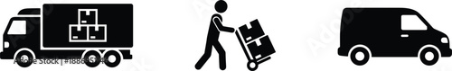 Delivery logistics icon set with truck courier pushing trolley and cargo van transport vector illustration symbol design