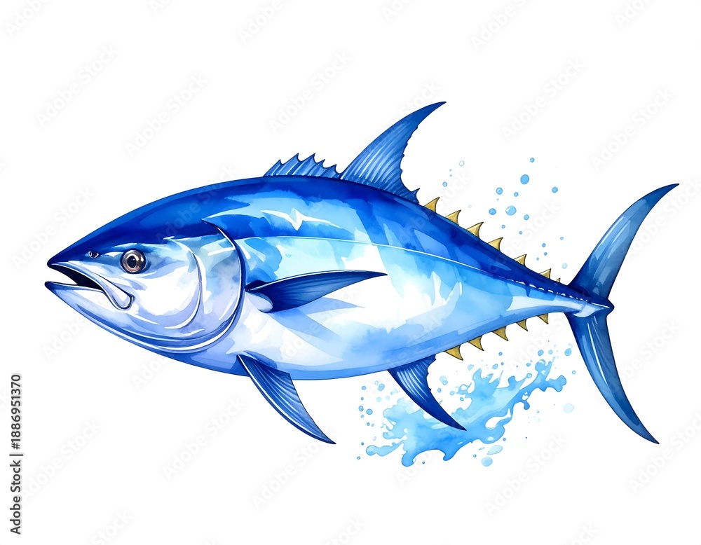 Obraz premium A vibrant watercolor illustration of a sleek, blue fish leaping in water. This aquatic creature has detailed fins and scales