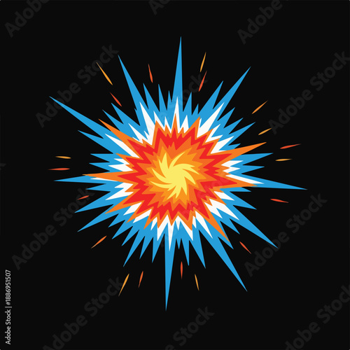 Dynamic comic book style explosion burst illustration featuring vibrant blue, red, and yellow energy spikes against a black background, symbolizing impact and power.