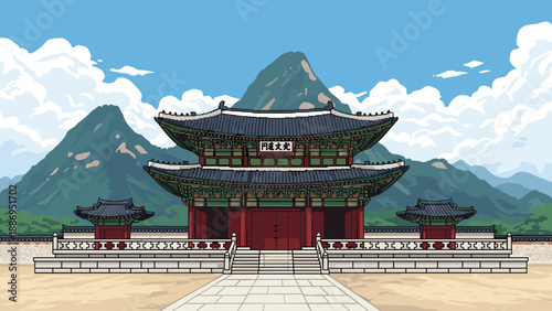 Traditional Korean palace architecture with majestic mountains and clouds in the background