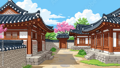 Traditional Korean Hanok Village courtyard with cherry blossoms in full bloom