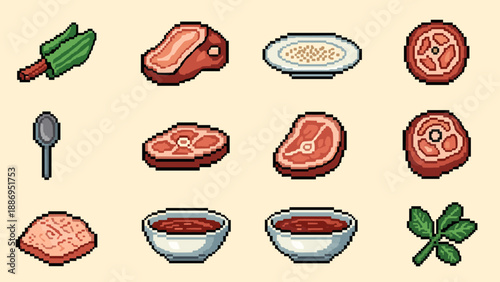 Pixel art collection of raw meat cuts, vegetables, and sauces for cooking