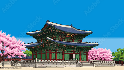 Pixel art illustration of Gyeongbokgung Palace with cherry blossoms in bloom