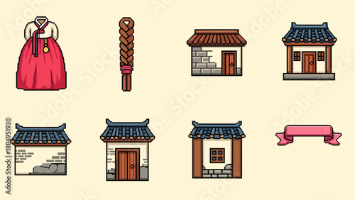 Pixel art collection of Korean traditional elements and buildings