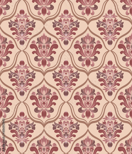 seamless damask pattern with red abstract flower, vintage and luxury, vector illustration elegant for textile, wall paper, bedding, rug, cushion cover, curtain, upholstery fabric, scarf, Baroque style