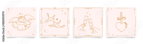 Minimalist Hand drawn romantic cards templates with cupid, doves, champagne toast, and heart for Valentines Day cards,wedding invitations,posters, branding, stickers, social media, packaging.Vector