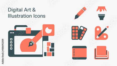 a collection of colorful digital art and illustration icons including a pencil computer phone and various design tools high quality professional detailed modern elegant stylish clean