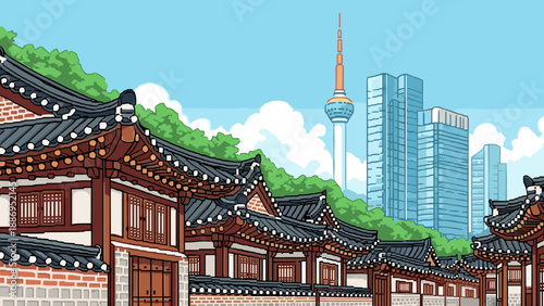 Traditional Korean Hanok Village juxtaposed with modern Seoul cityscape and Namsan Tower
