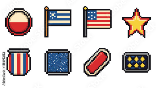 Pixel art icons representing American symbols and patriotic elements in red, white, and blue
