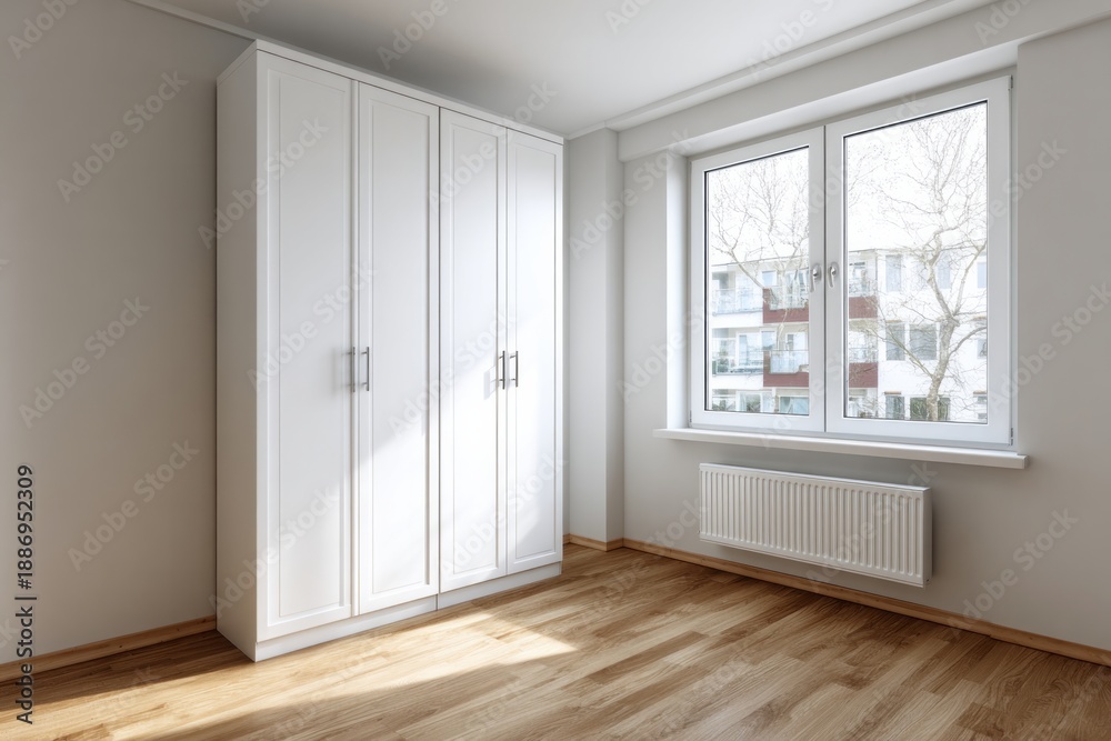 Fototapeta premium Modern white wardrobe and window in an empty room with wood floor.