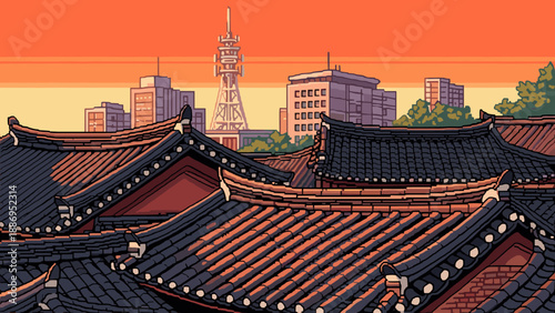 Pixel art cityscape featuring traditional Korean tiled roofs and modern buildings at sunset