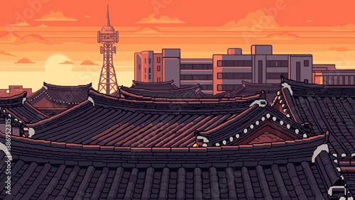 Pixel art cityscape with traditional Korean roofs and modern buildings at sunset