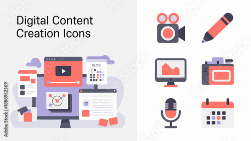 a collection of flat design icons representing digital content creation including video writing and broadcasting tools high quality professional detailed modern elegant stylish clean crisp vibrant