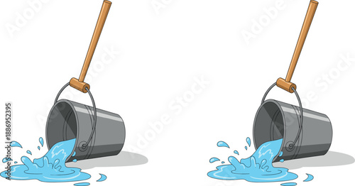 Vector illustration set featuring tipped silver metallic buckets spilling clear blue water with wooden handled cleaning mops