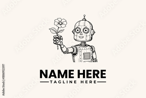 A robot holding a flower with a customizable name and tagline on a clean white background, vector illustration logo design.