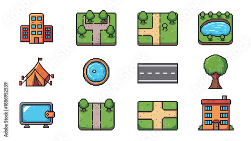 Pixel art icons for city building and simulation games, featuring buildings and landscapes