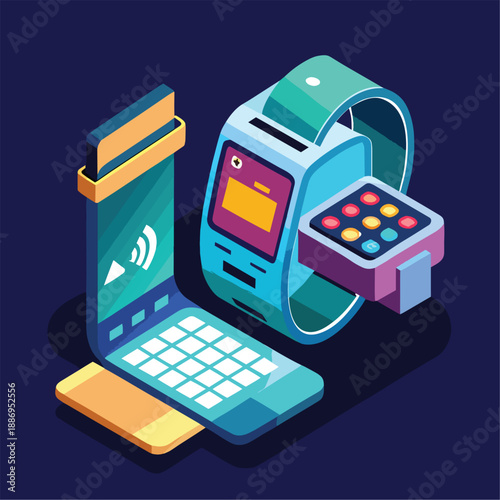 a modern illustration showcasing a tablet smartwatch and mobile device connected via wireless technology for seamless digital payments