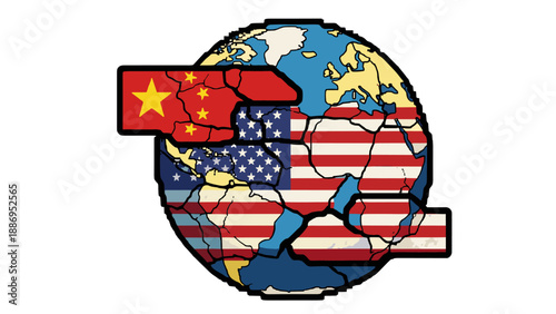 Global political map showing the flags of China and USA superimposed on continents