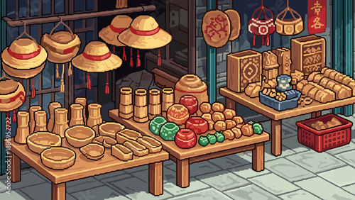 Pixel art traditional Asian market stall selling straw hats and pottery