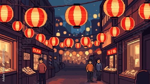 Pixel art street scene with traditional Japanese lanterns illuminating shops at dusk