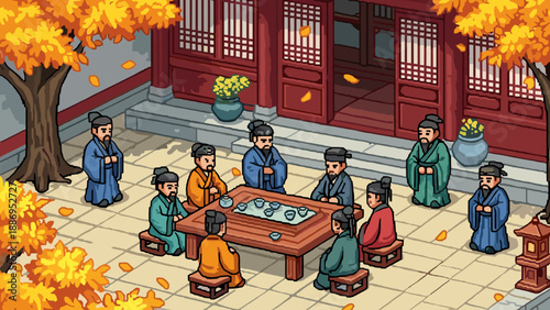 Ancient Chinese scholars gather for a tea ceremony in a courtyard during autumn