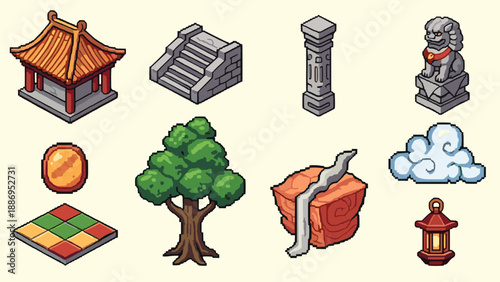 Collection of isometric pixel art assets for game development and digital design