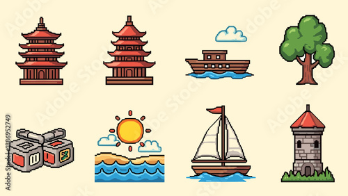 Collection of pixel art icons featuring pagodas, boats, a tree, and a lighthouse