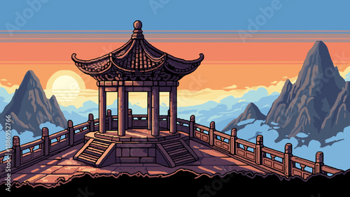 Pixel art pagoda overlooking misty mountains at sunrise with vibrant orange sky