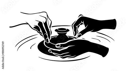 Silhouette of an artist's hands shaping clay on a spinning pottery wheel, handmade craft and creativity concept