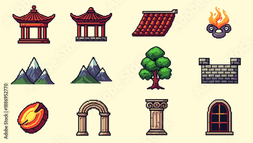 Collection of pixel art game assets including buildings, nature, and architectural elements