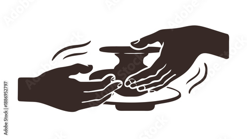 Silhouette of an artist's hands shaping clay on a spinning pottery wheel, handmade craft and creativity concept