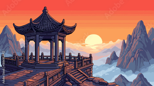 Pixel art gazebo on a mountain peak overlooking clouds at sunset