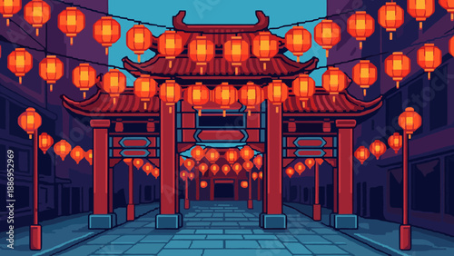 Pixel art street scene with traditional Chinese lanterns and temple gate at night