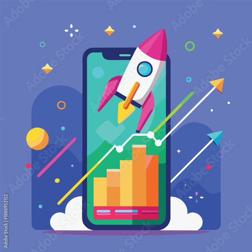 a vibrant illustration displays a smartphone screen showcasing a rocket launch alongside a rising graph and dynamic growth symbols
