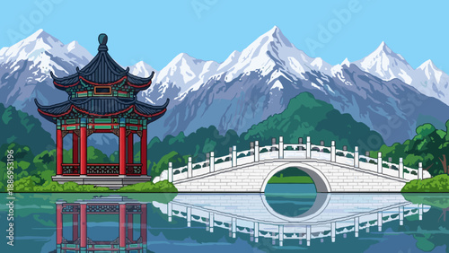 Pixel art landscape with traditional Chinese pavilion and arched bridge reflected in water