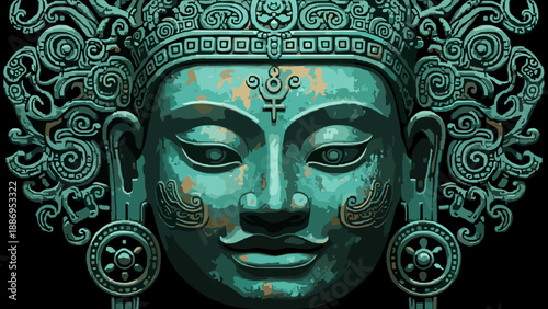 Intricate ancient deity face sculpture with weathered patina and ornate headdress