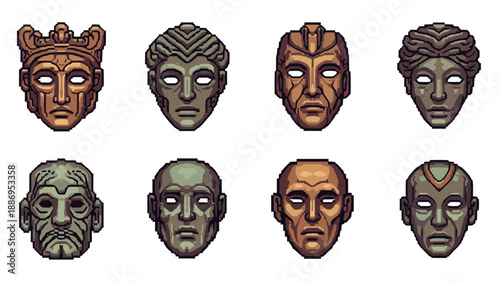 Collection of eight pixel art ancient masks in different styles and materials