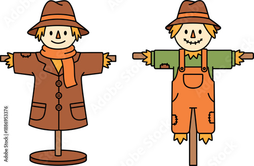 Vector illustration set featuring two friendly autumn scarecrows in a brown coat and orange overalls for harvest designs