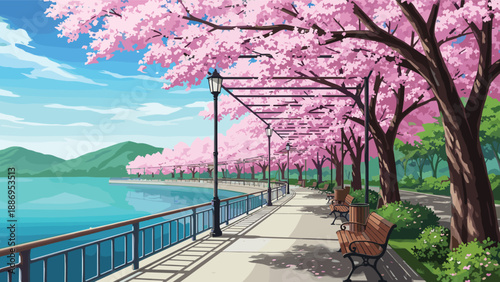 Beautiful spring landscape vector illustration with pink cherry blossom trees lining a peaceful lakeside promenade with wooden benches and distant green mountains under blue sky.
