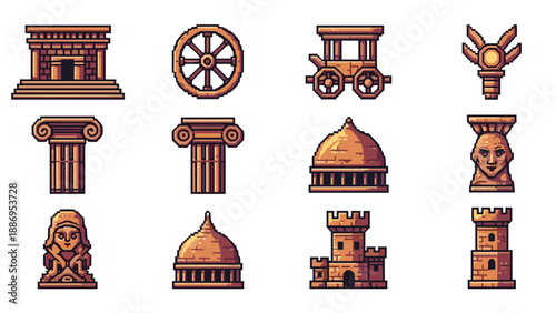 Collection of pixel art icons representing ancient architecture and artifacts